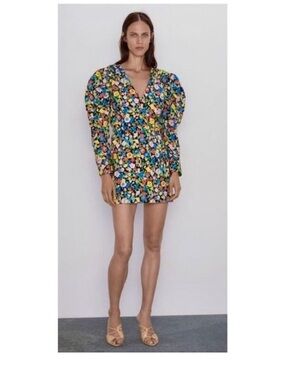 Zara Multicolor Floral Puff-Sleeve Mini Dress